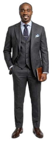 Mo Yusuf standing in a charcoal three-piece suit
